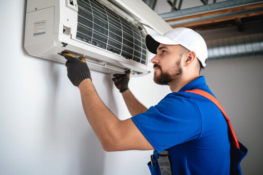 HVAC technician installing a mini split air conditioner in Lodi