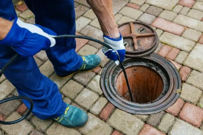 Plumber cleaning an outdoor sewer drain in Lodi