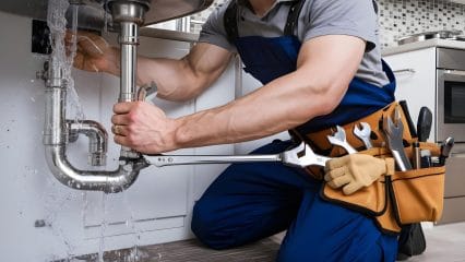 Plumber repairing pipes beneath a sink in Lodi