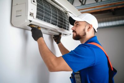 Mini Split AC Installation Lodi HVAC technician installing a mini split air conditioner in Lodi